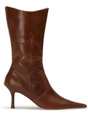 Women's A-brown Mid Calf Boots Pointed Toe Stiletto Heels Fall Side Zipper